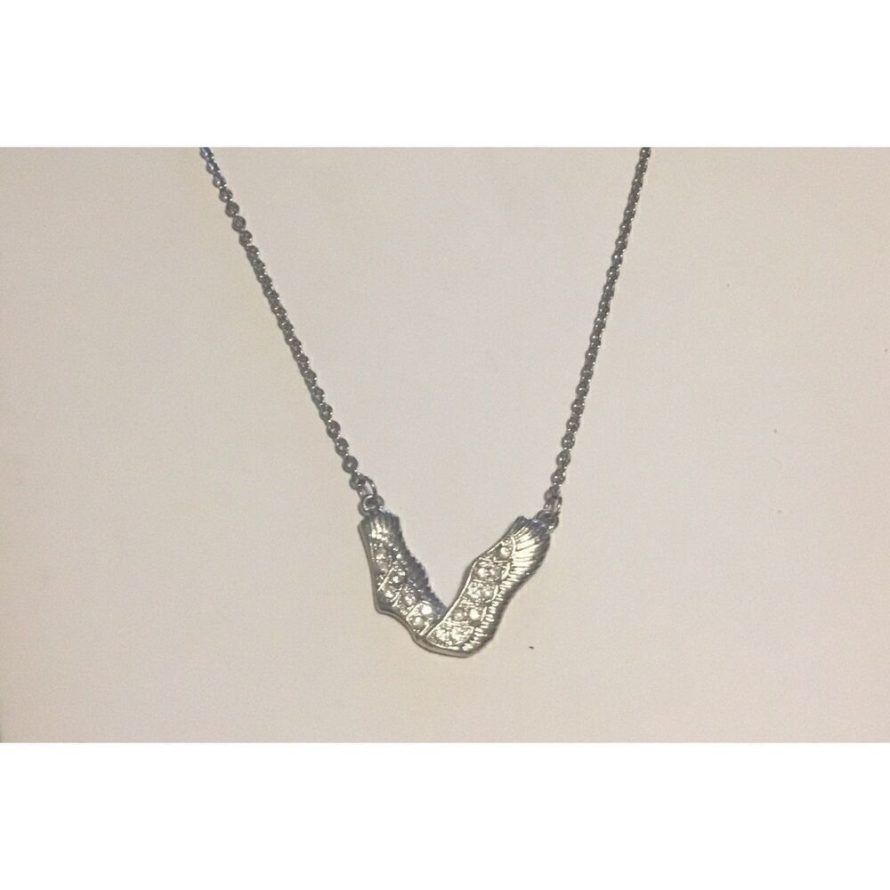 New Textured Silver Rhinestone Studded Wing Necklace